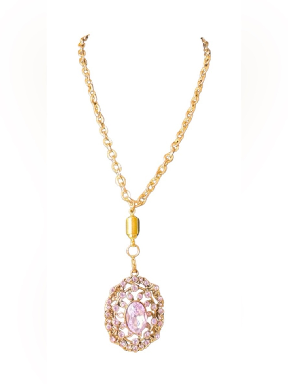 Pink Rhinestone Pendant in Gold Toned Chain